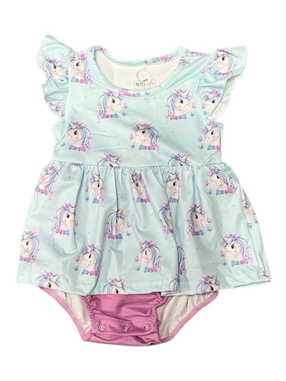Pete + Lucy - NWT - Unicorn Wishes  Light Blue Infant Romper with Pink Bloomers
